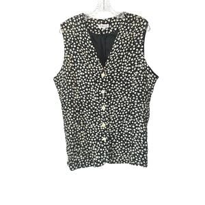 Vintage‎ Talbots Black Tan Floral Print Button Front V-Neck Vest Size 14